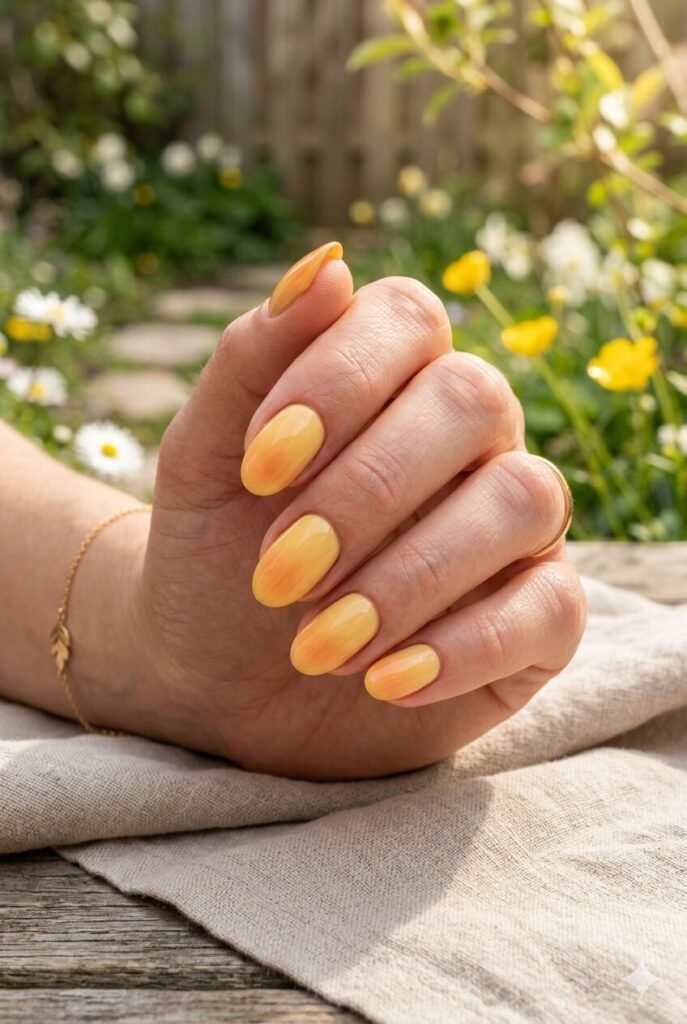 Creamy mango yellow nails with soft orange shading