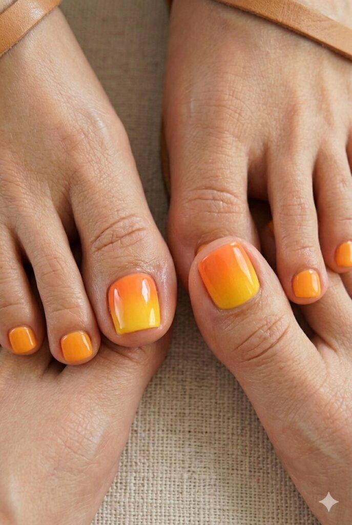 Mango orange and yellow ombre toe nails for summer