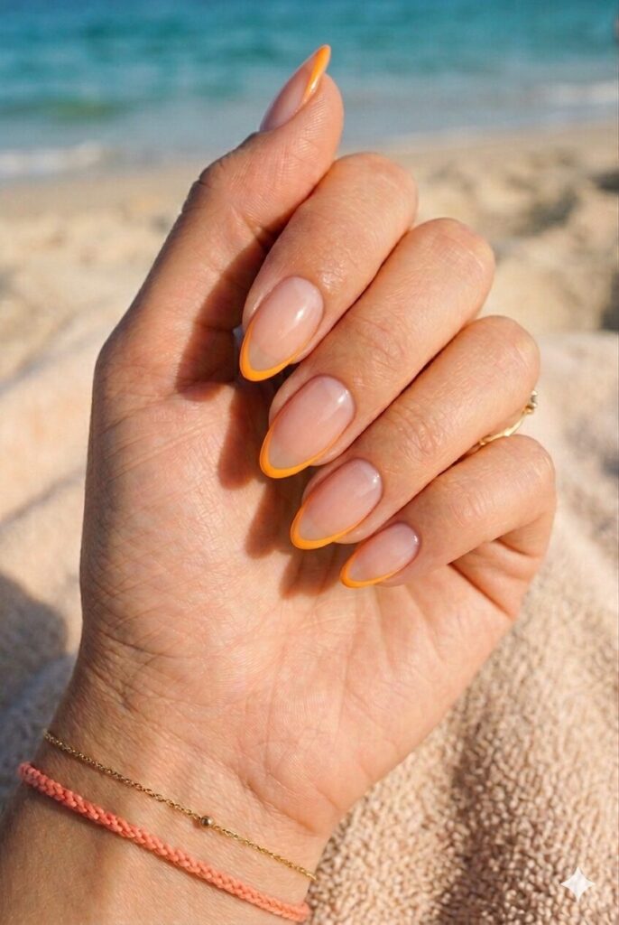 Medium almond nails with nude base and mango orange outline tips