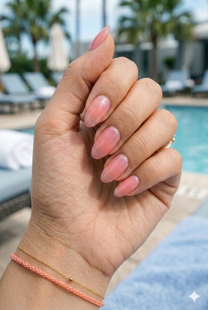 Almond nails with soft melon pink jelly glossy finish