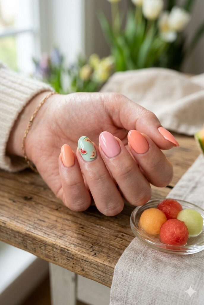 Pastel melon nails in pink coral and mint shades