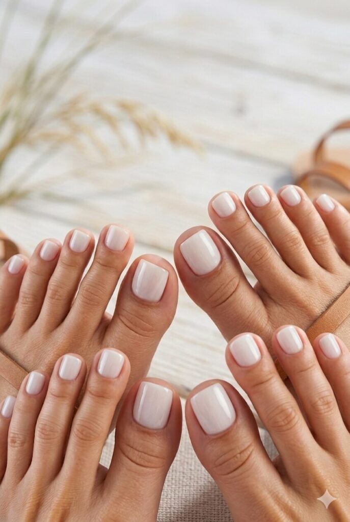 Milky white toe nails with a clean glossy pedicure finish
