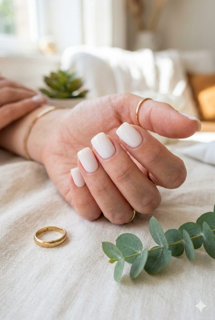 Short square nails with milky white glossy polish for summer