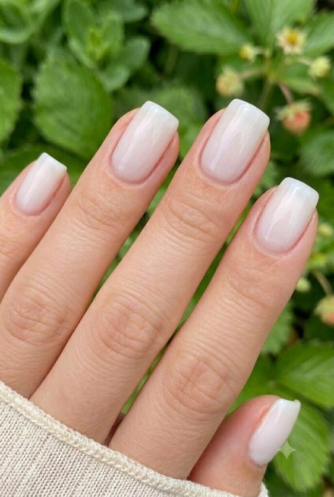 Short square simple june nail ideas with milky white glossy summer polish
