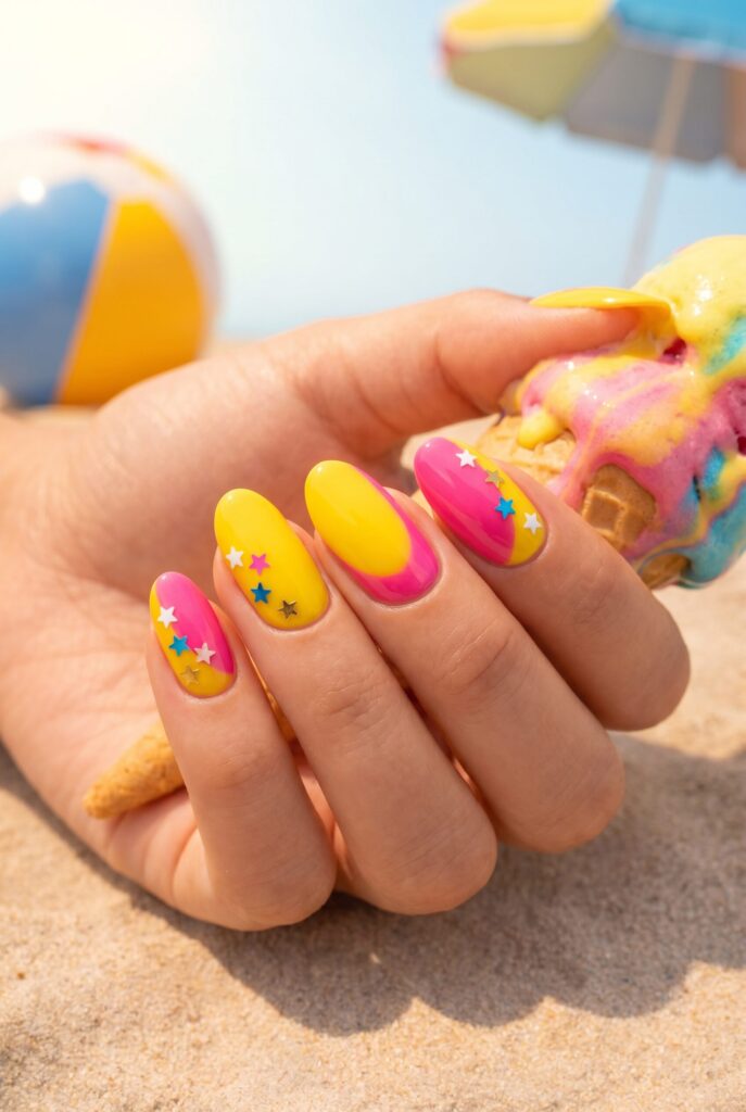 Bright nails with tiny star accents for a fun summer look