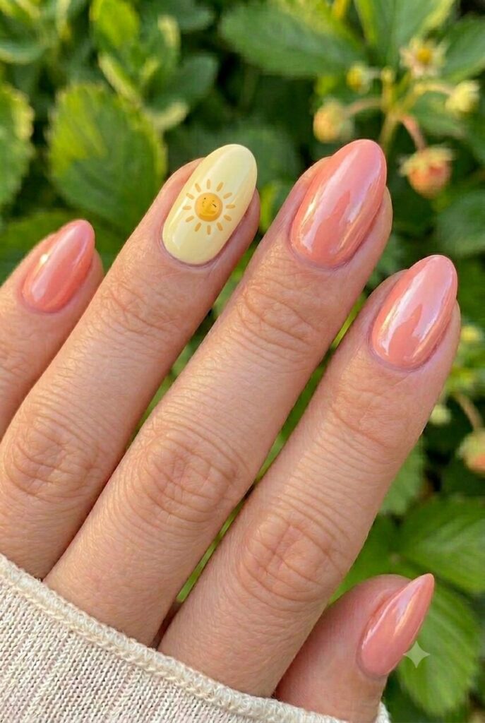 Short oval nails with tiny sun accent on the ring finger