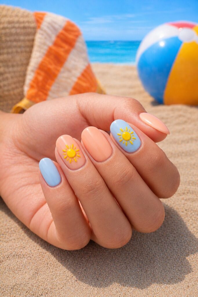 Soft nails with little sun drawings on accent fingers