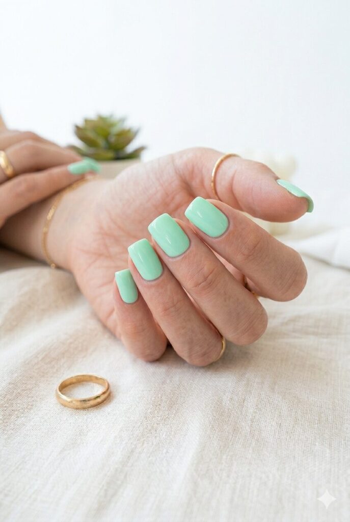 Short square nails with fresh mint green simple polish