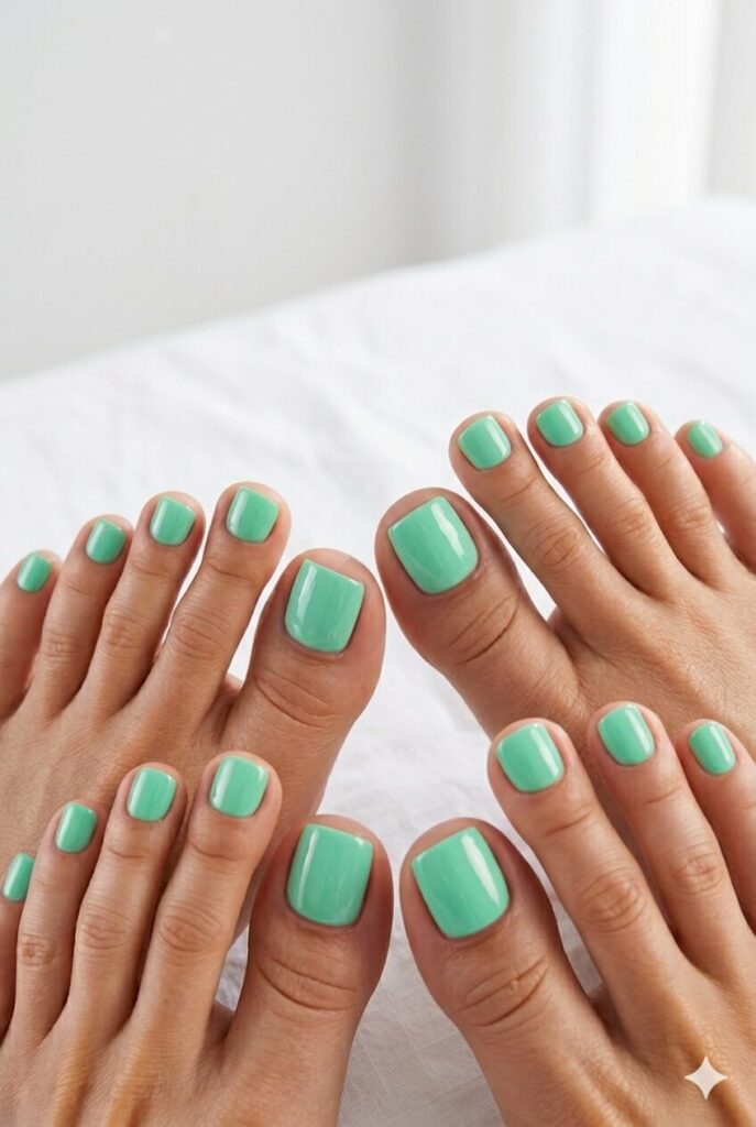 Mint green toe nails with a simple fresh pedicure style