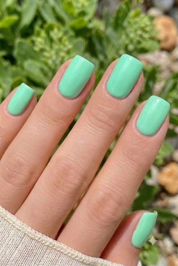 Short square nails with fresh mint green glossy polish