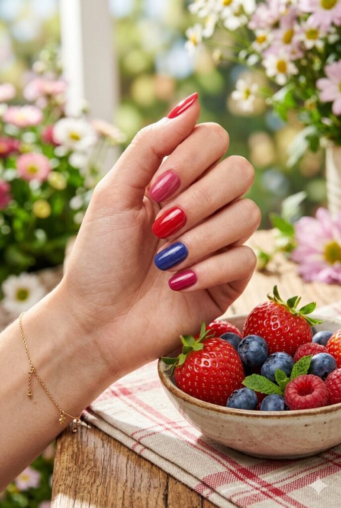 Colorful berry skittle nails in red blue and pink shades