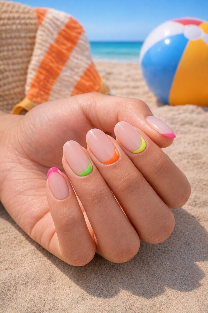 Nude nails with tiny neon corner French tips
