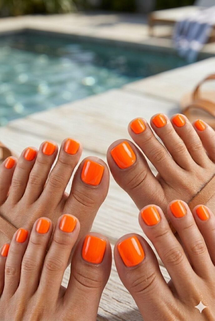 Neon orange toe nails with a bold glossy summer look