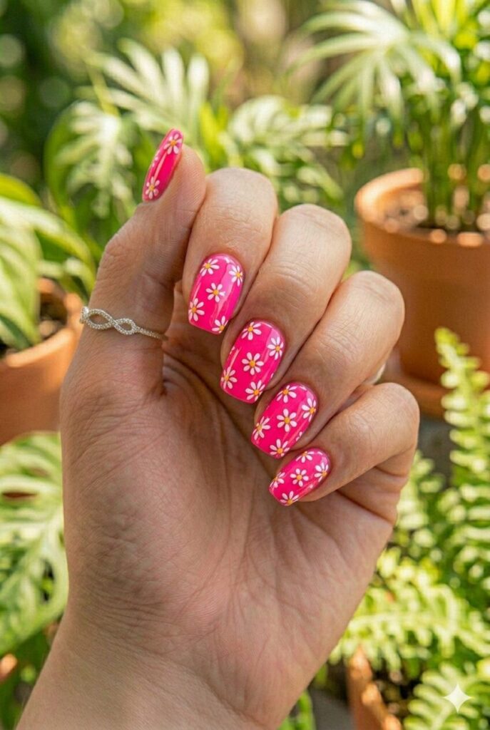 Neon pink nails with tiny white daisy flower art for summer