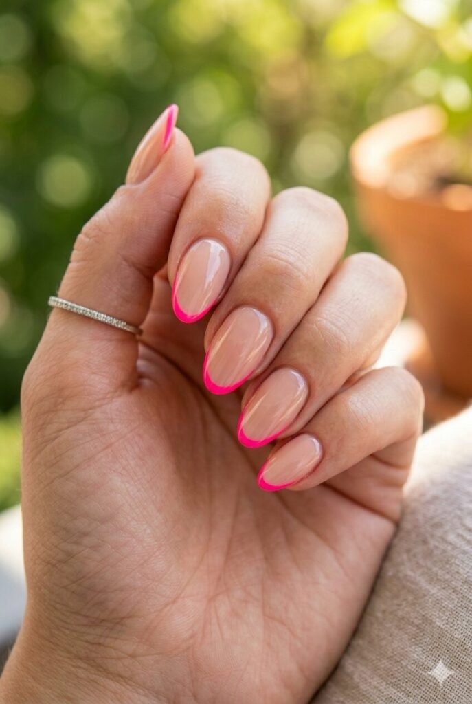 Short almond nails with nude base and neon pink outline French tips