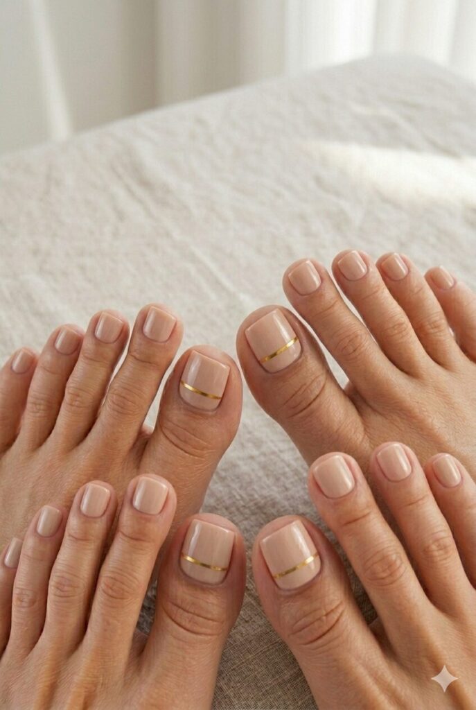 Nude toe nails with thin gold stripe details on the big toes