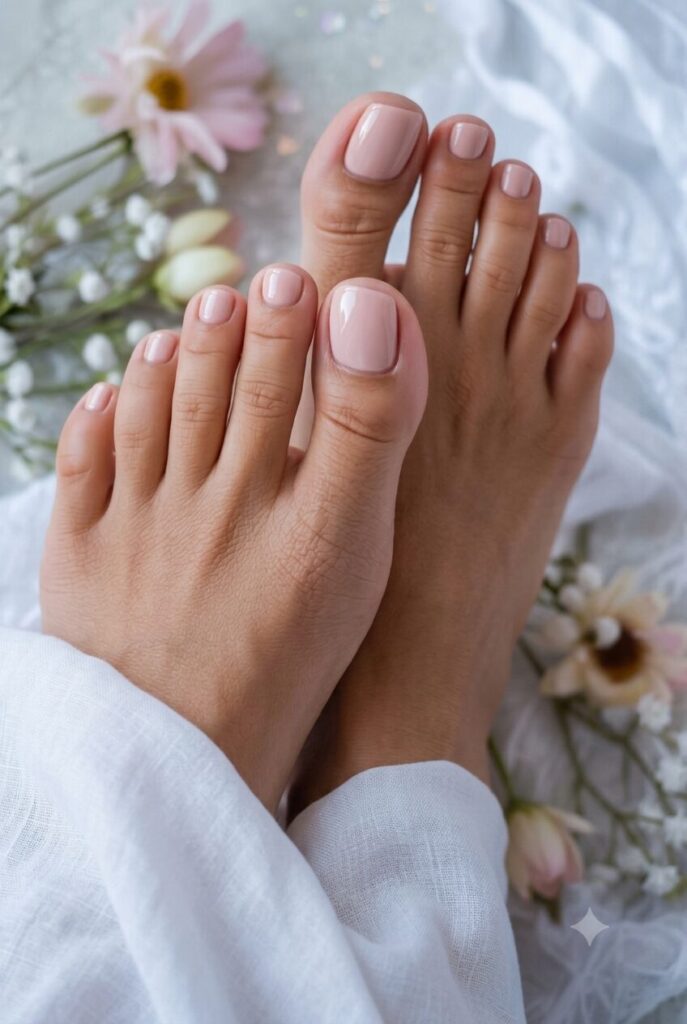 Soft nude pink toenails with a clean polished summer look