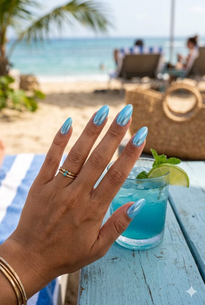 Soft ocean blue chrome nails with a glazed mirror finish