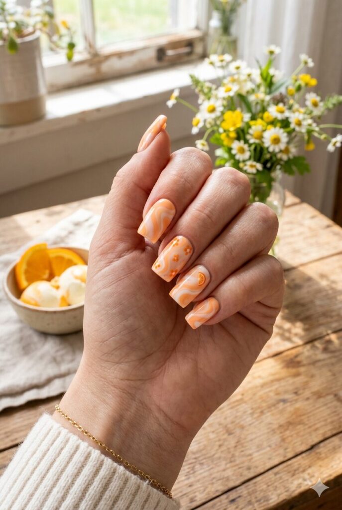 Orange and white swirl nails with creamsicle style