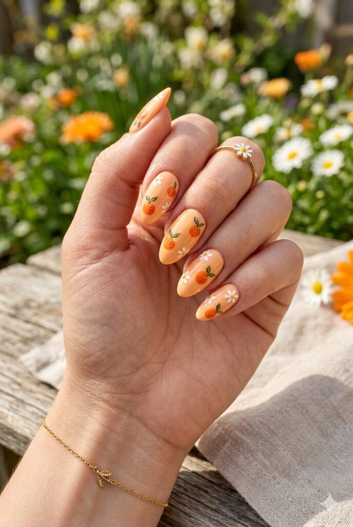 Light orange nails with mini oranges and daisy details