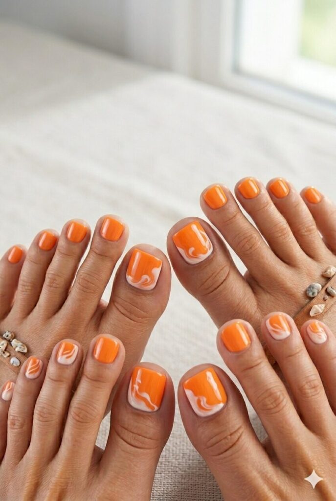 Glossy orange toe nails with creamy white swirl details
