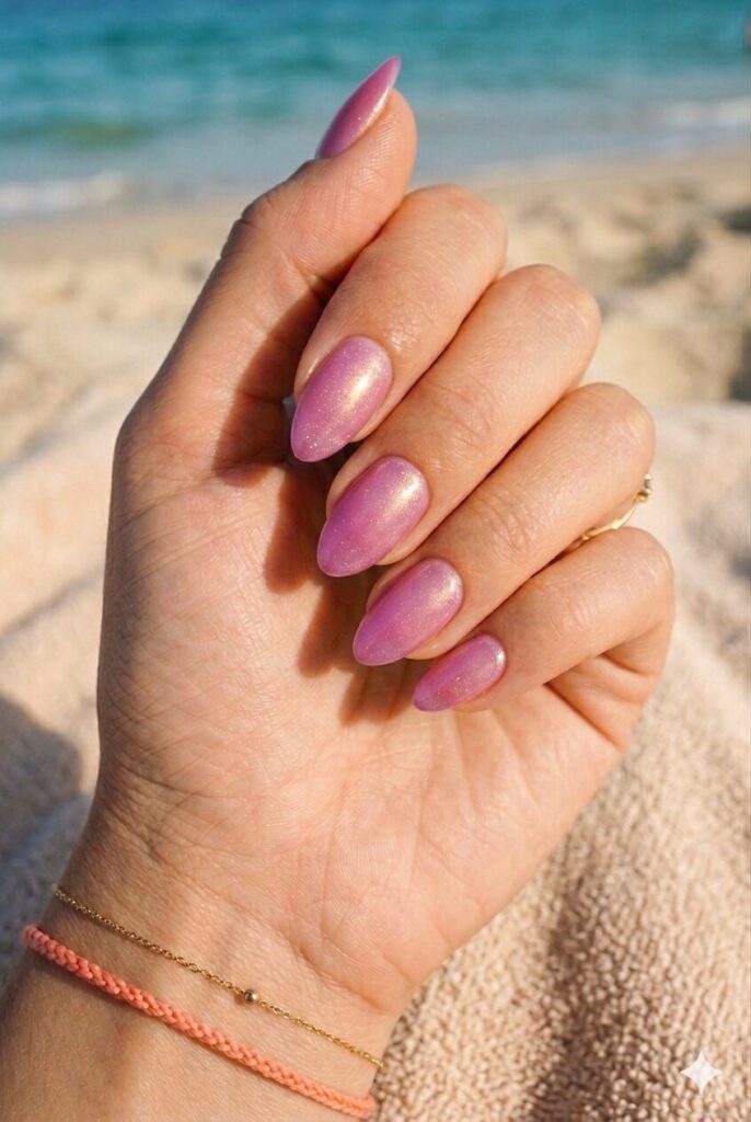 Long almond nails with pink purple orchid shades and golden shimmer