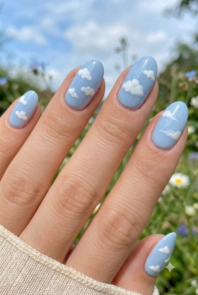 Short oval nails with pale blue base and tiny white cloud details