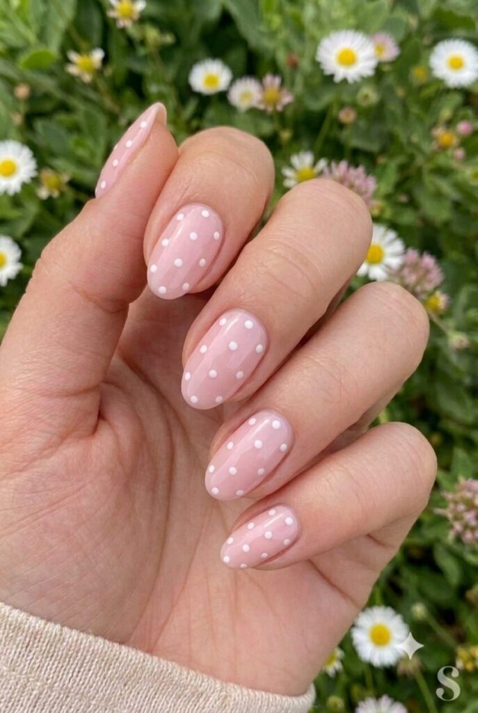 Short oval nails with soft pink base and tiny white polka dots