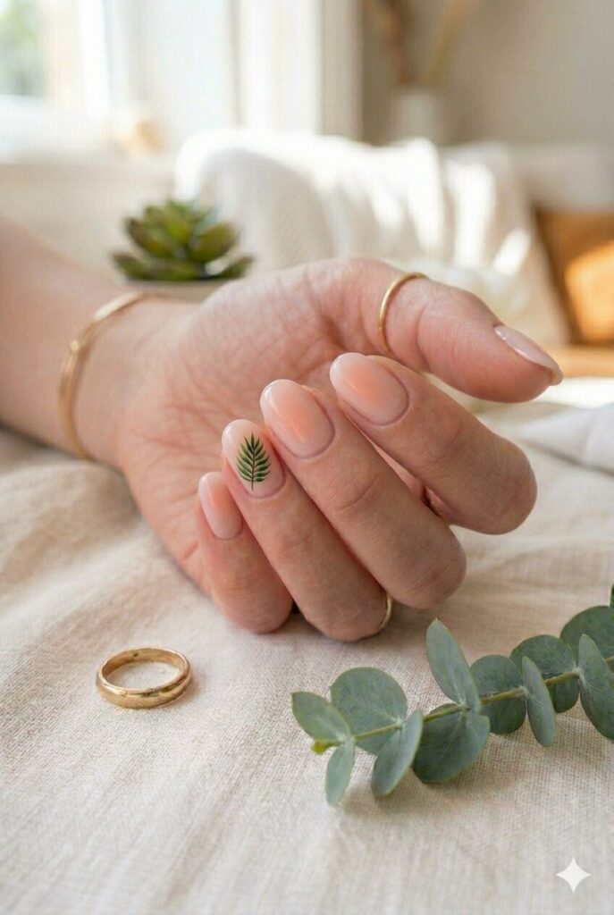 Short nails with nude base and tiny green palm leaf accent