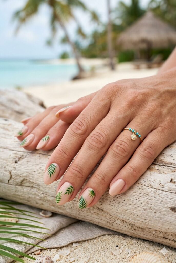 Nude nails with simple green palm leaf nail art