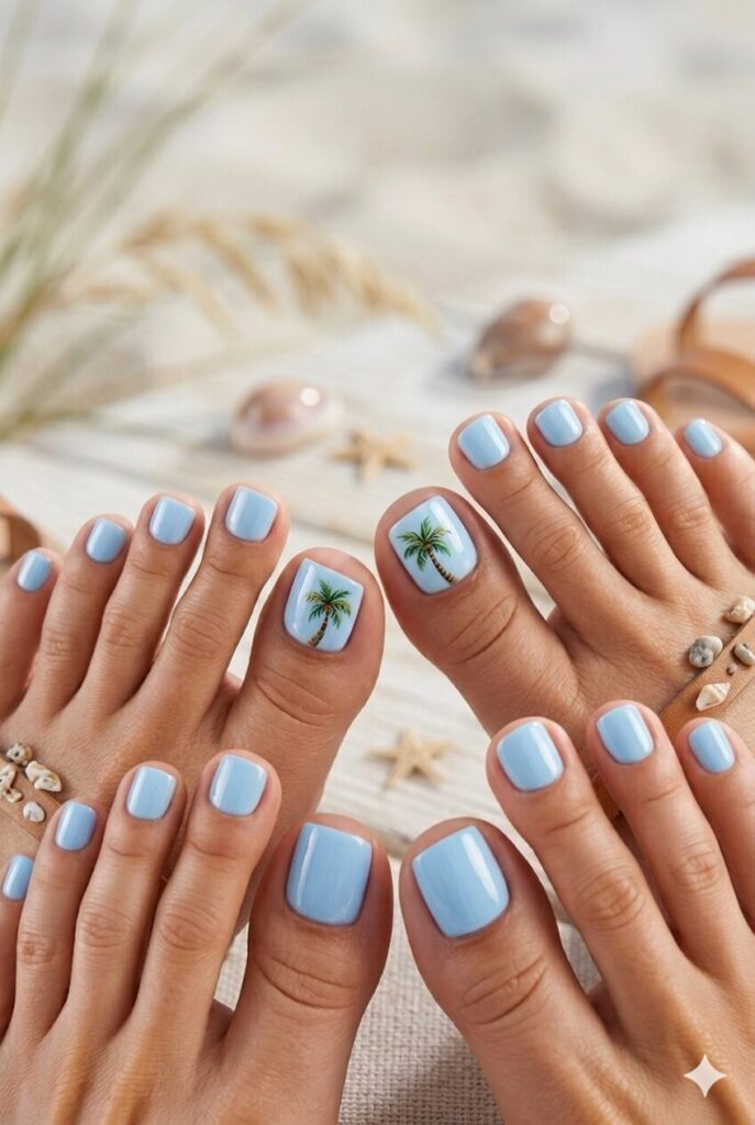 Pale blue toe nails with palm tree art on the big toes