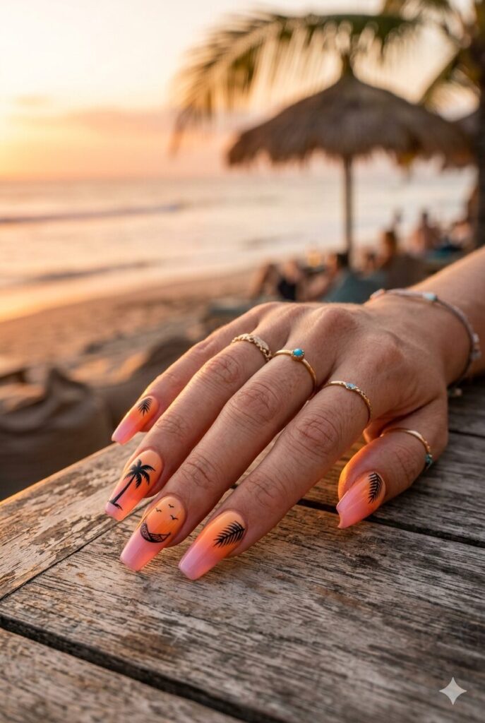 Peach and orange sunset nails with tiny palm tree details