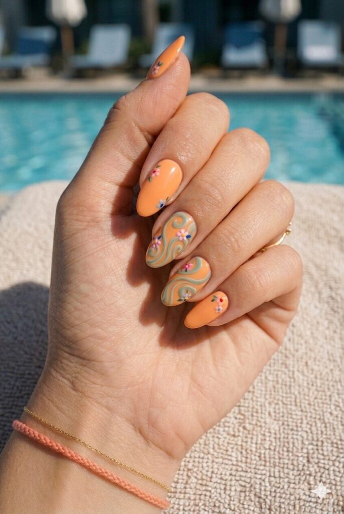 Medium almond nails with papaya orange polish and floral accents