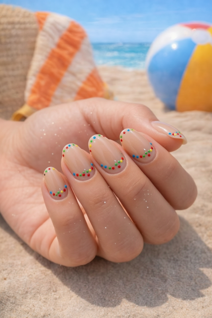 Nude nails with tiny colorful dots along the French tips