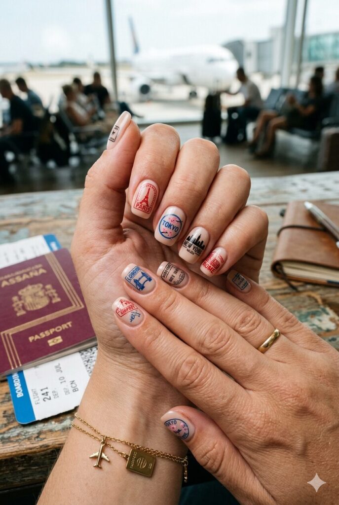 Neutral nails with tiny passport stamp travel art