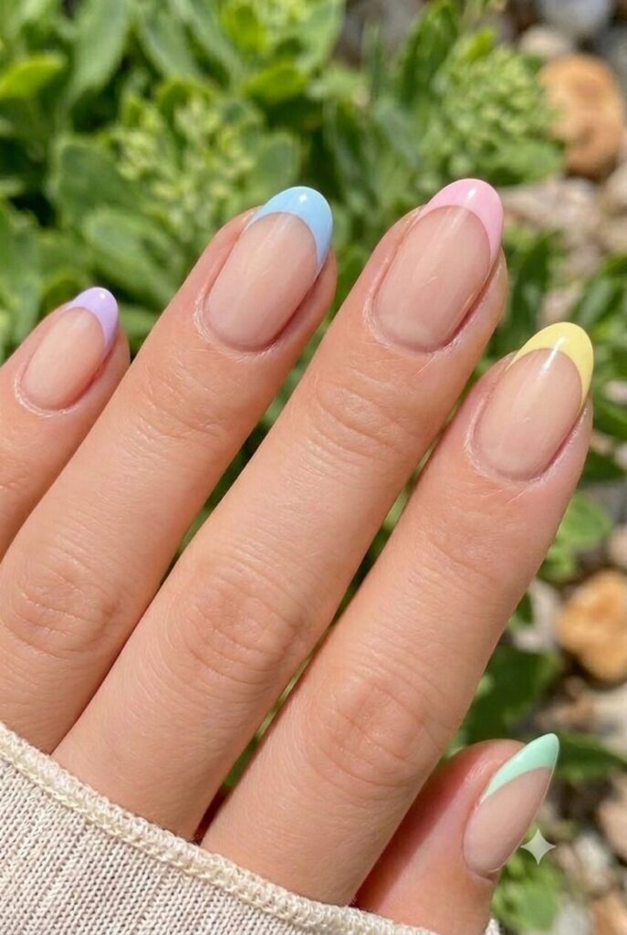 Short oval nails with different pastel French tips on each nail
