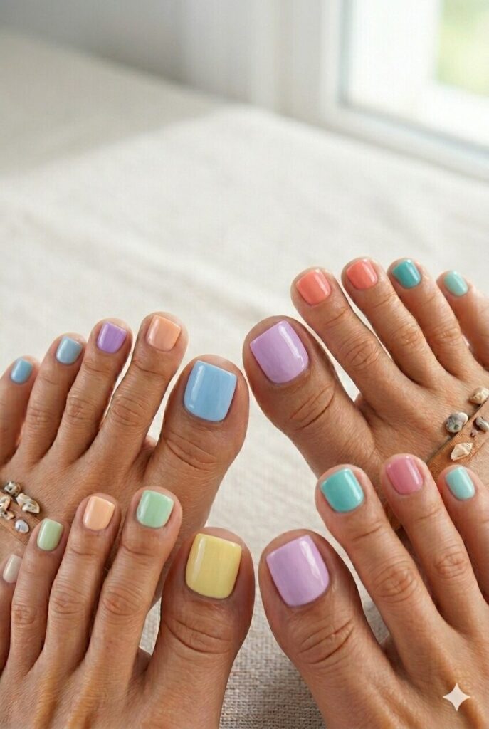 Pastel rainbow toe nails with each toe a different color