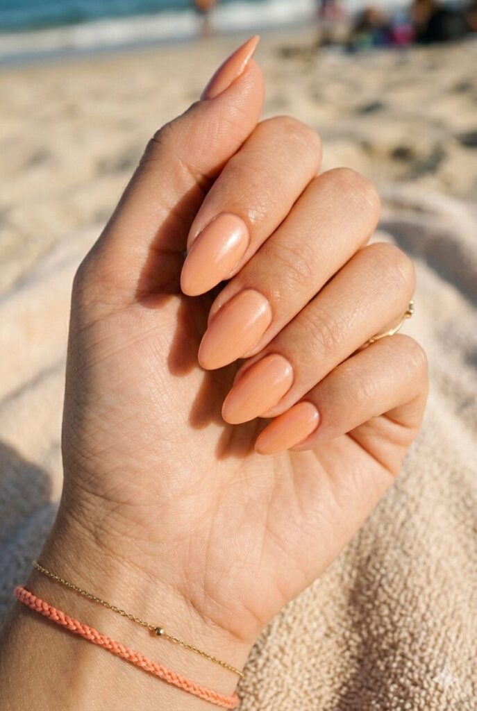 Medium almond nails with soft peach glazed glossy finish