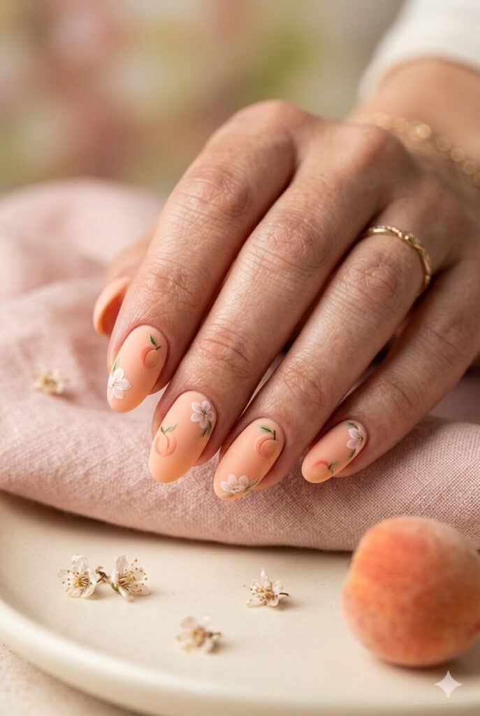 Matte peach nails with blossom details and peach art