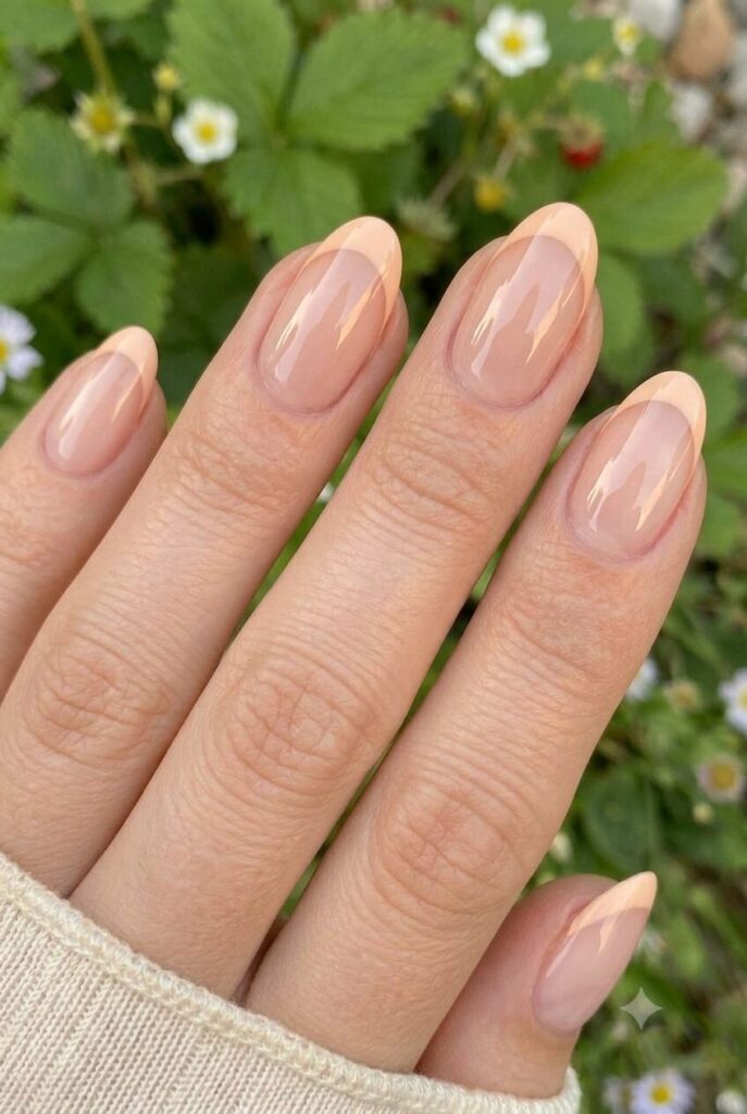 Short almond nails with nude base and peach cream French tips