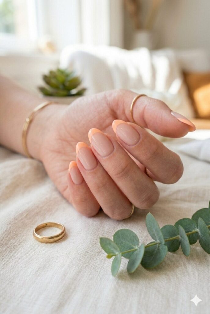 Short almond nails with nude base and soft peach French tips
