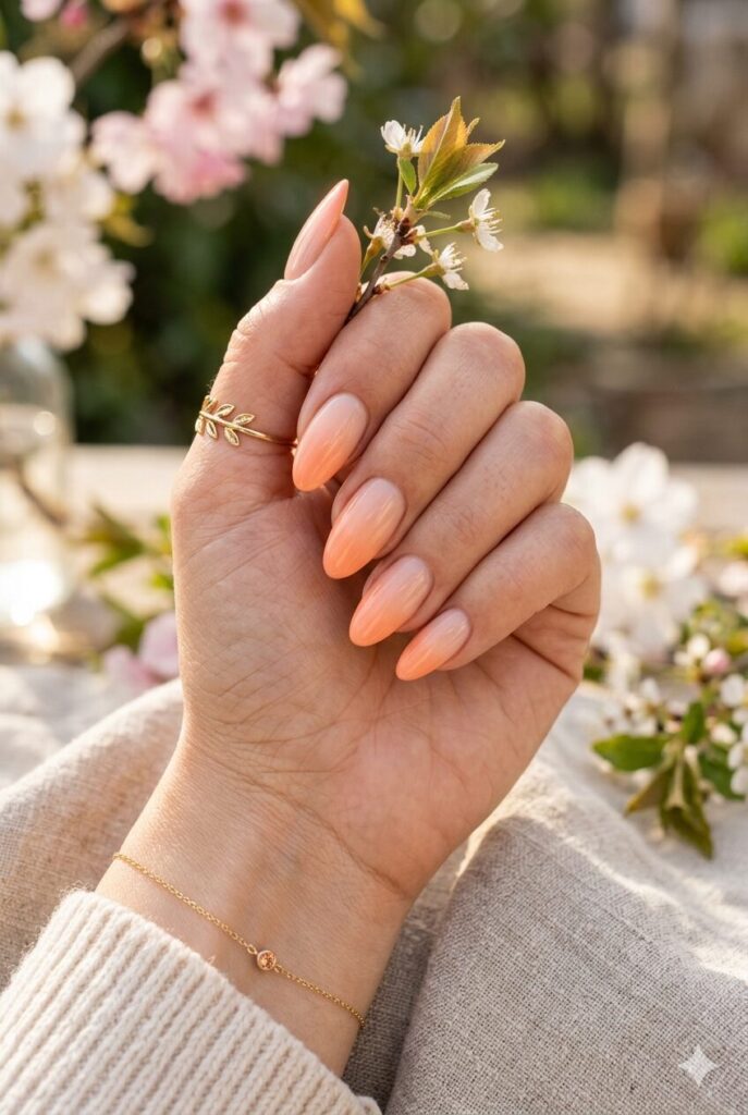 Glossy peach ombre nails with a soft glazed finish