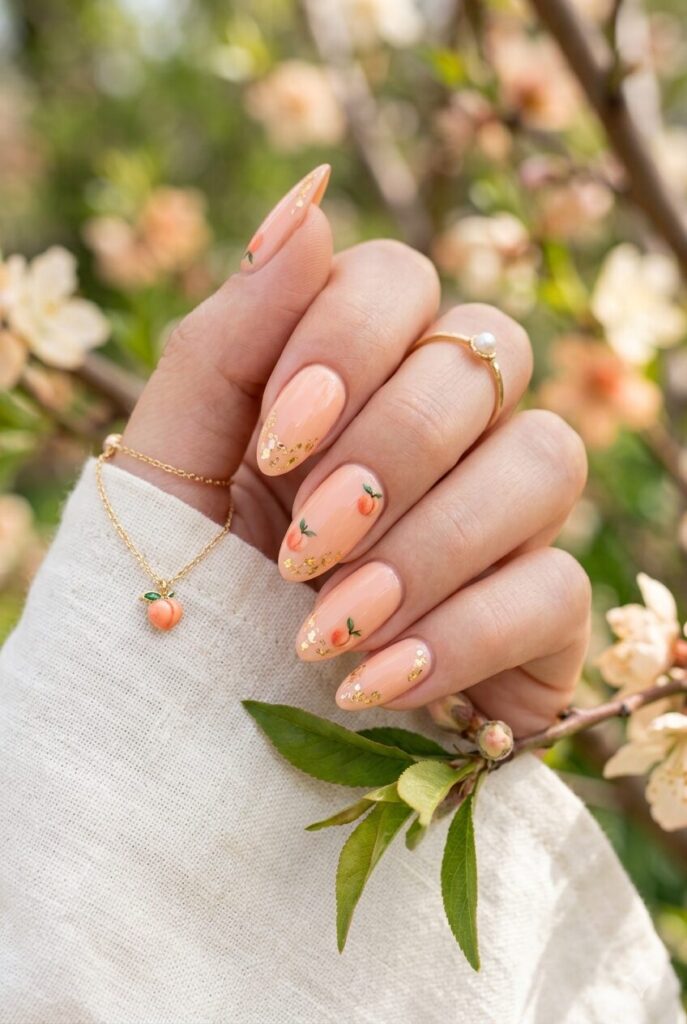 Soft peach nails with gold foil and peach accents