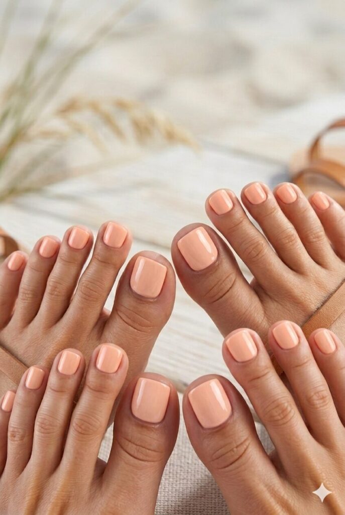 Soft peach toe nails with a creamy glossy pedicure finish