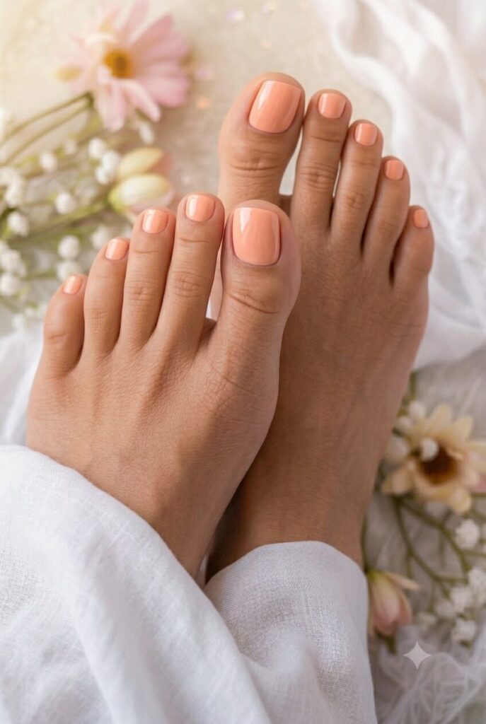 Soft peach toenails with creamy glossy pedicure finish
