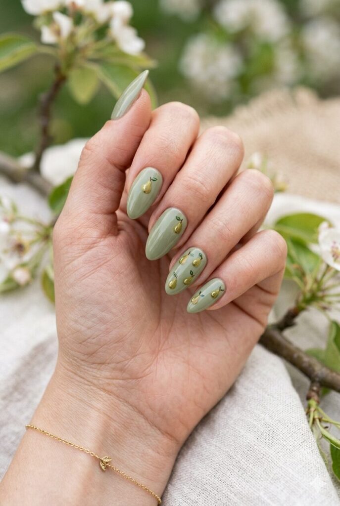 Muted green nails with minimal pear nail art