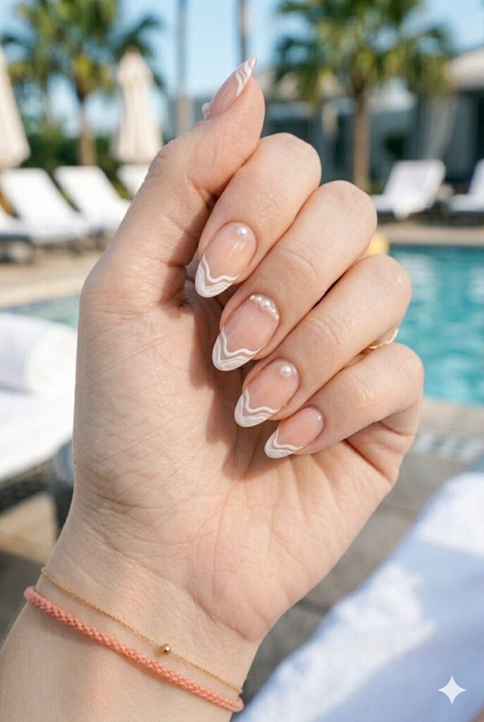 Almond nails with sheer base white wave tips and pearl accents