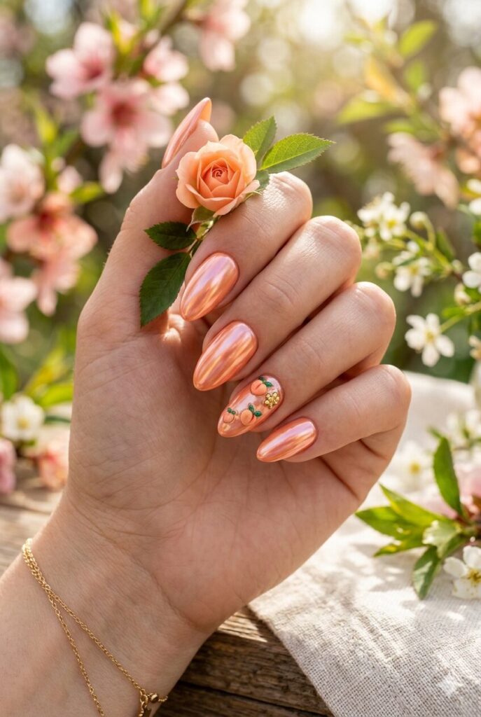 Peach chrome nails with a pearly shine and peach art