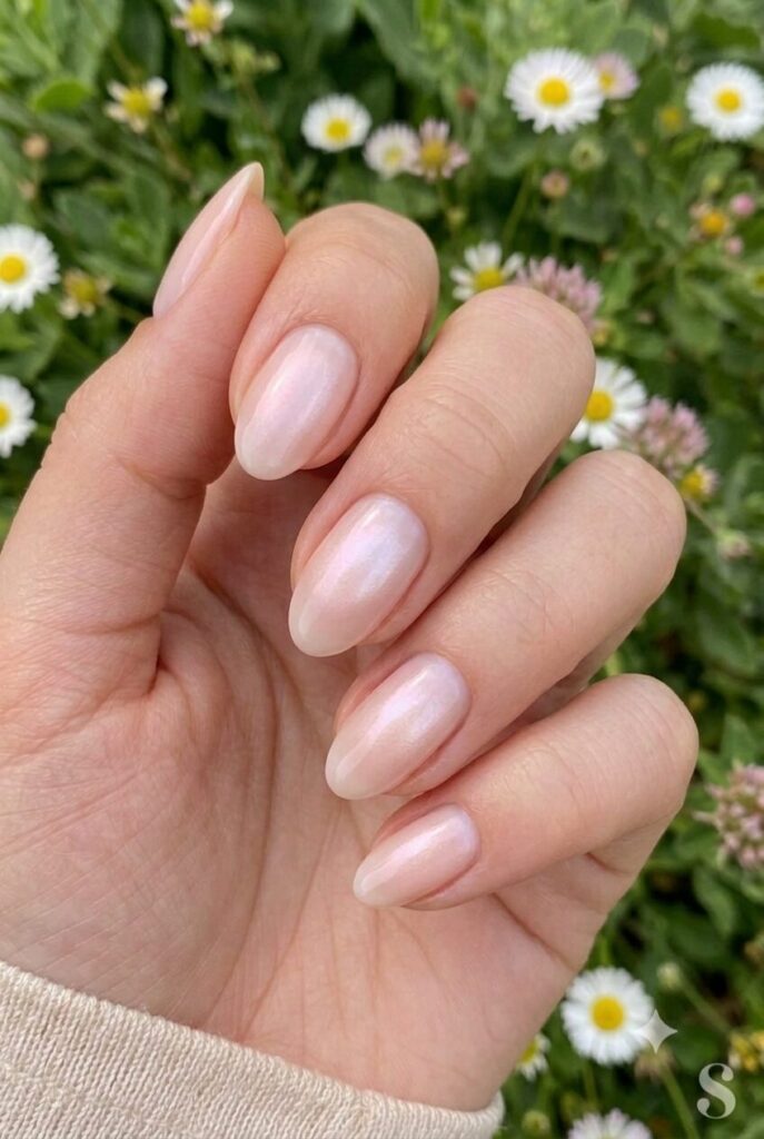 Short almond nails with pink base and pearly aura glow center