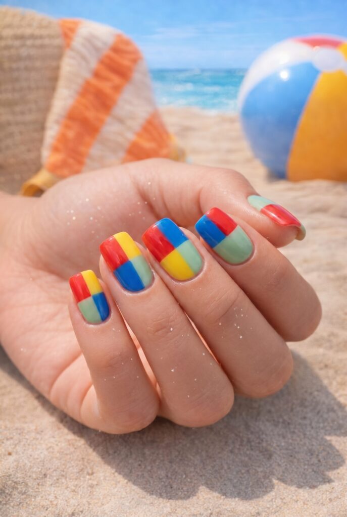 Short nails with picnic-inspired red yellow blue and green blocks